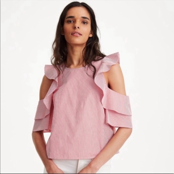Club Monaco cold shoulder ruffle stripe top. - Picture 2 of 11